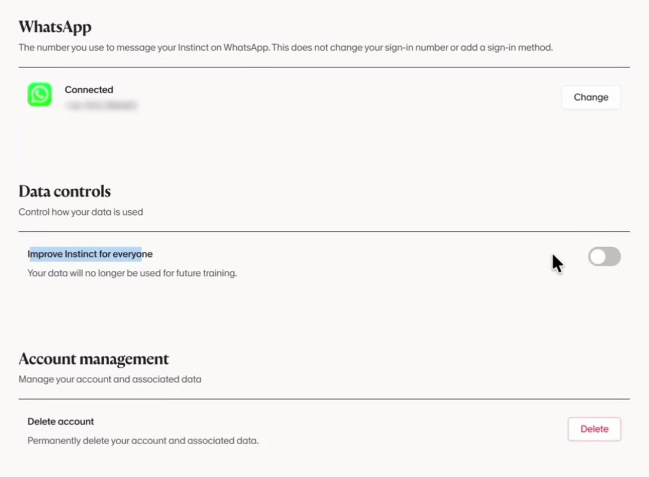 Instinct's data controls with the "Improve Instinct for everyone" toggle switched off and the delete account button below