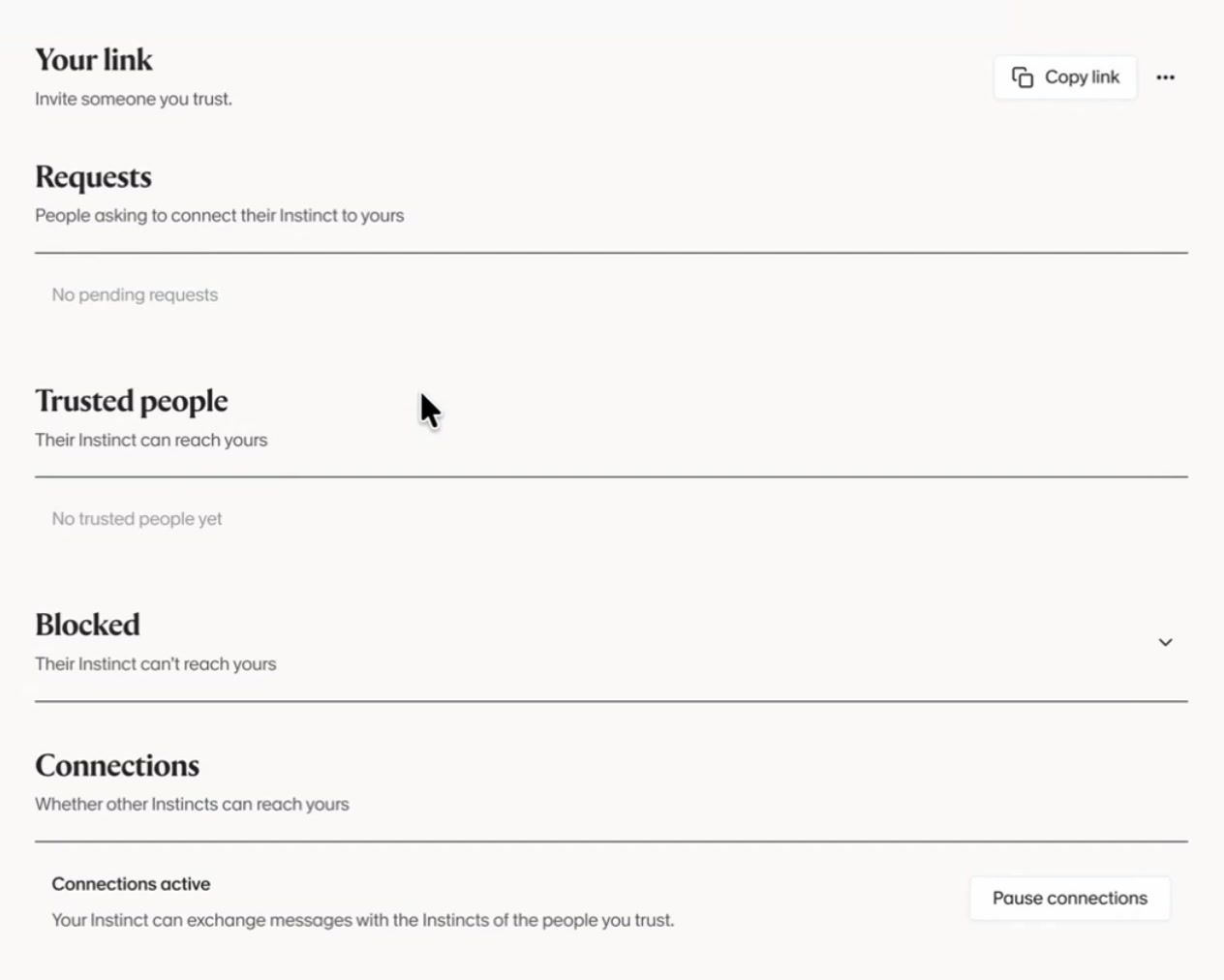Instinct's trusted people page with sections for your link, requests, trusted people, blocked and connections
