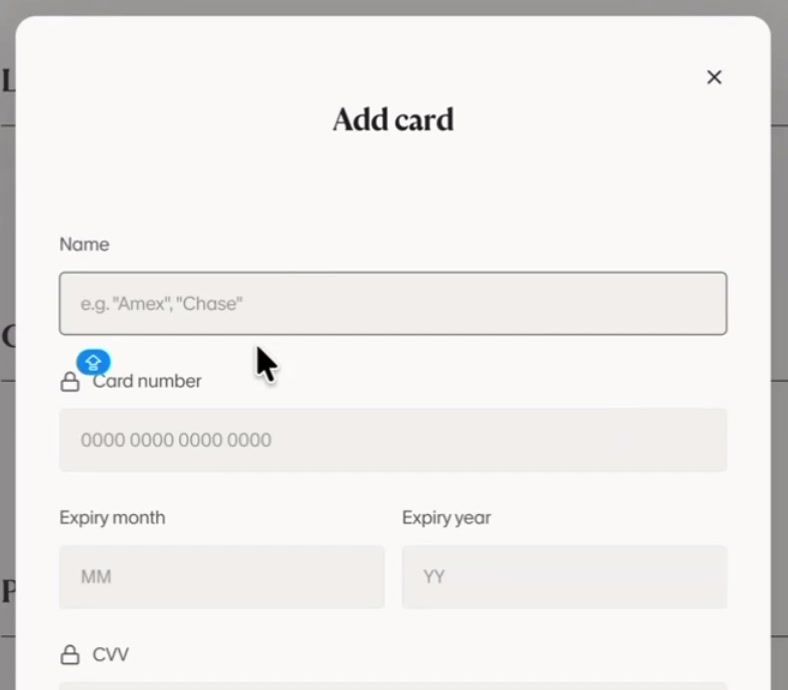 Instinct's "Add card" form with fields for name, card number, expiry, CVV and billing ZIP