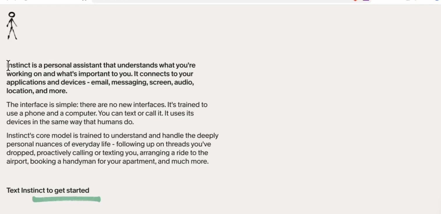 The Instinct homepage describing it as a personal assistant with no new interface, with a "Text Instinct to get started" link