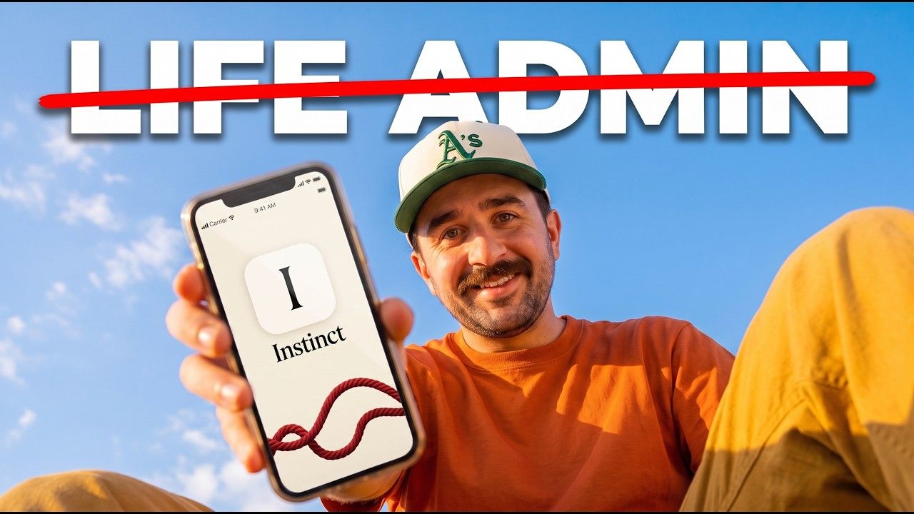 Eliot Prince holding up a phone showing the Instinct app, under the words Life Admin crossed out in red