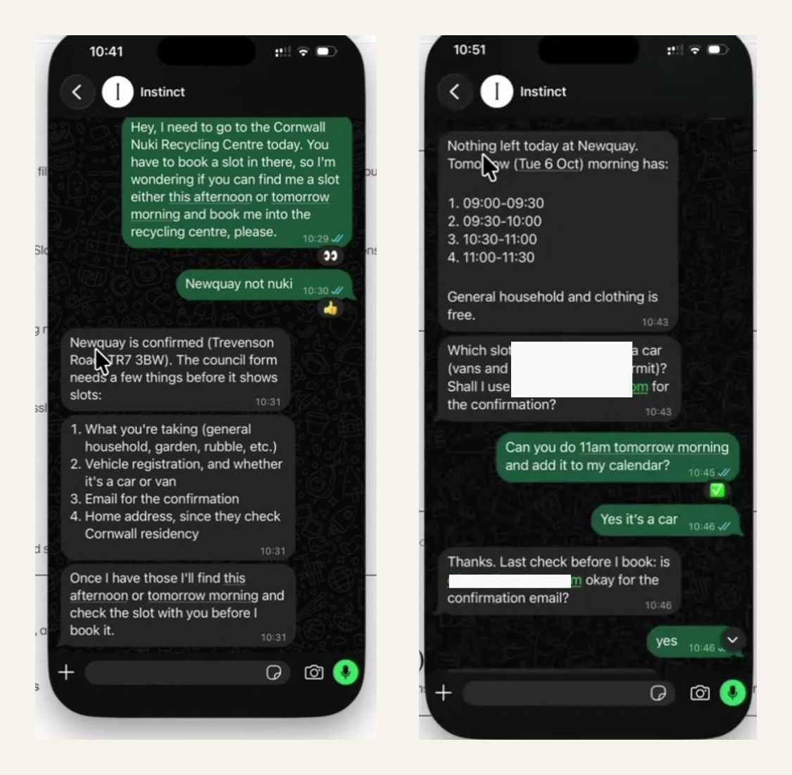 Two WhatsApp screenshots: Instinct lists the four details the council form needs, then offers four morning slots at the recycling centre and confirms the booking details