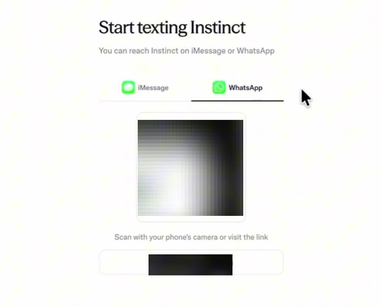 Instinct's "Start texting Instinct" screen with tabs for iMessage and WhatsApp and a QR code to scan