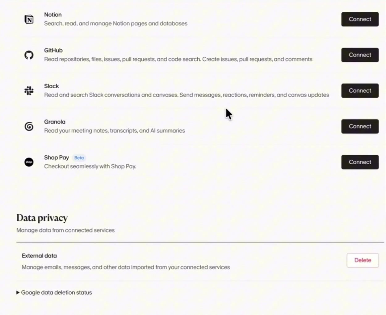Instinct's connectors list showing Notion, GitHub, Slack, Granola and Shop Pay, with the data privacy section and delete button below